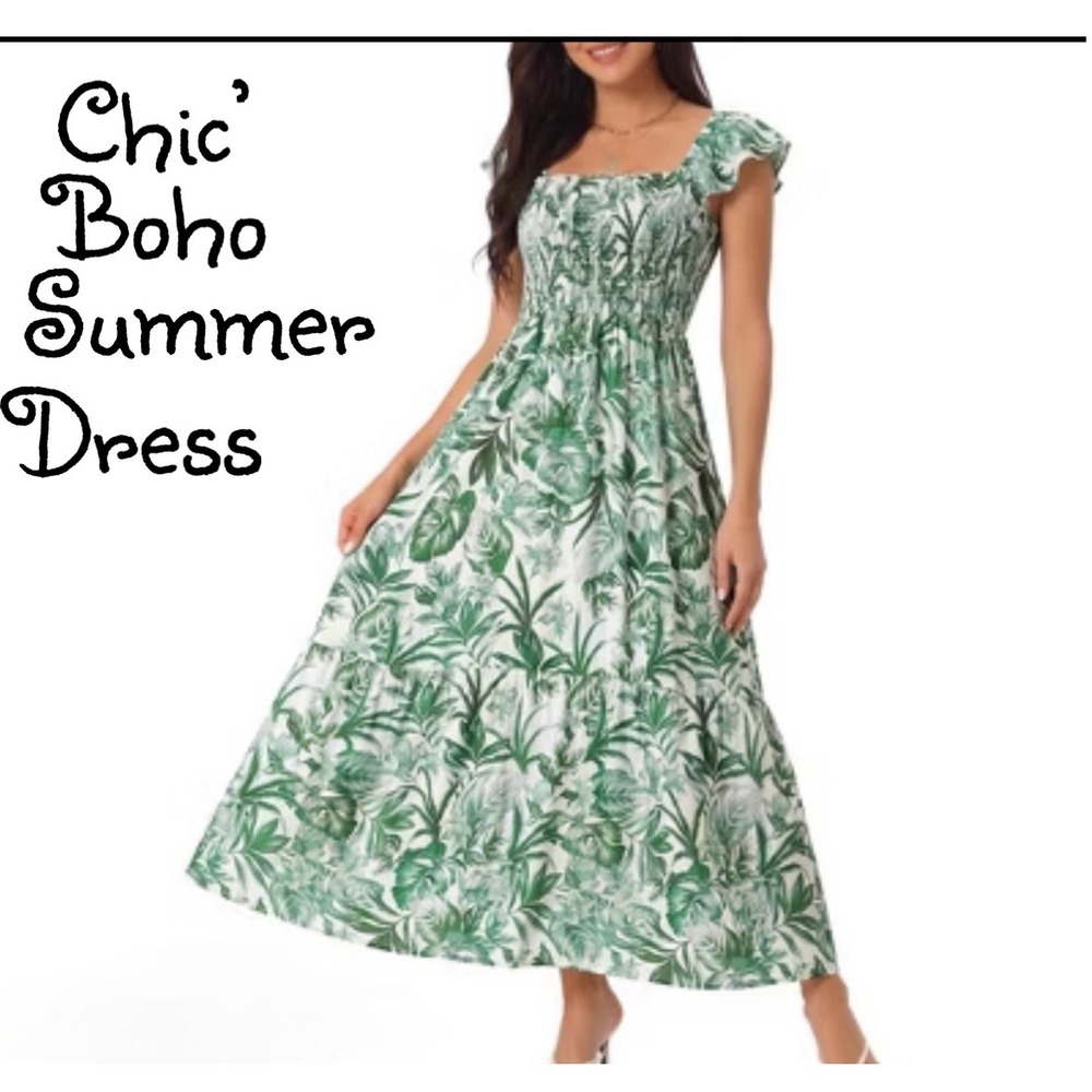 Jgee Green Tropical Palm Print Smocked Maxi Dress Boho Summer-Size: Small